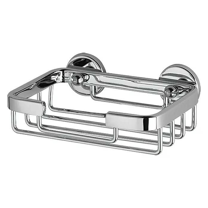 Tesa Aluxx Seifenkorb - L x B x H: 13,5 x 9,5 x 4,6 cm, Chrom, Glänzend - Nahaufnahme einer glänzenden, rechteckigen Seifenablage aus Chrom, die an der Wand befestigt wird. Ideal für jedes Badezimmer.