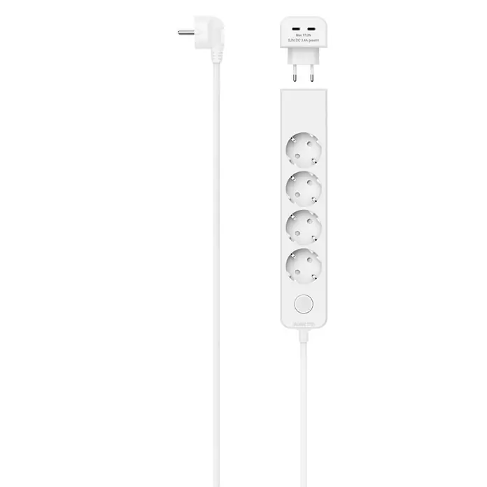 Hama Steckdosenleiste 223191 mit USB-C Adapter 5-fach - Weiß - Weiße Steckdosenleiste mit 4 Schuko-Steckdosen, 2 USB-A- und 1 USB-C-Anschluss sowie einem Netzschalter.