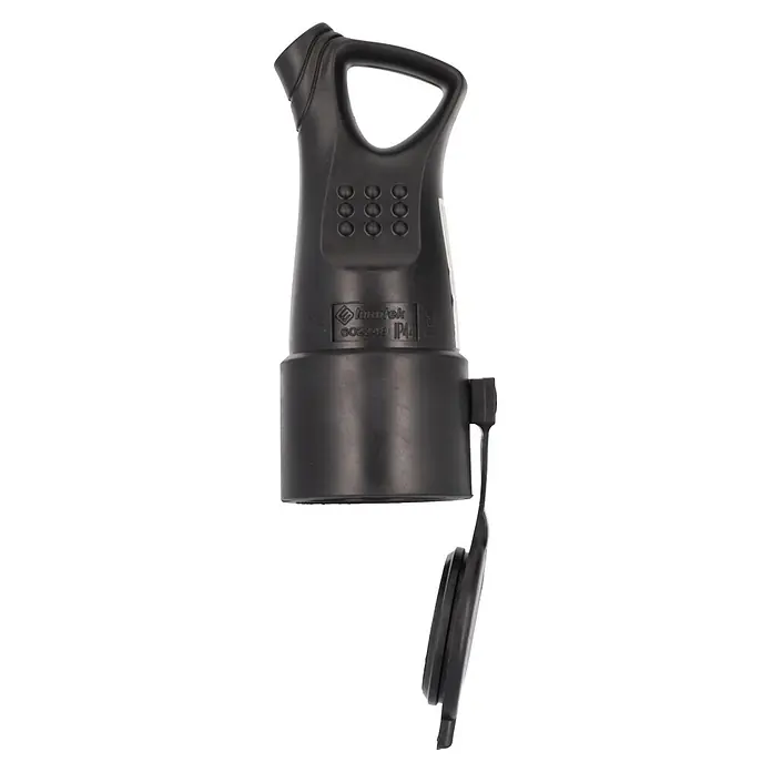 UniTEC Kupplung mit Ausziehgriff IP44 - Kunststoff, Schwarz - Schwarzer elektrischer Stecker mit ergonomischem Griff und angehängter Schutzkappe.