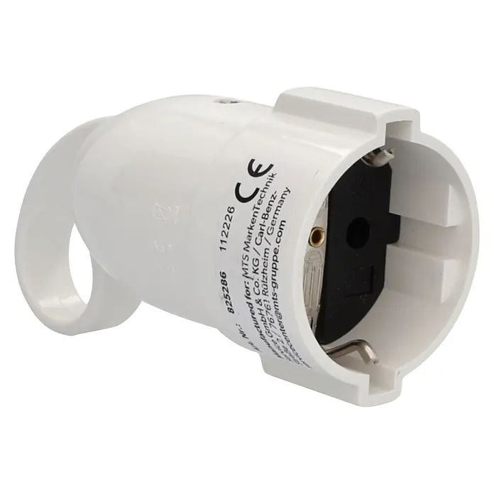 UniTEC Kupplung mit Ausziehgriff - Kunststoff, Weiß - Weißer Steckdosenadapter aus Kunststoff mit sichtbaren Kontakten und Schutzkontakt.