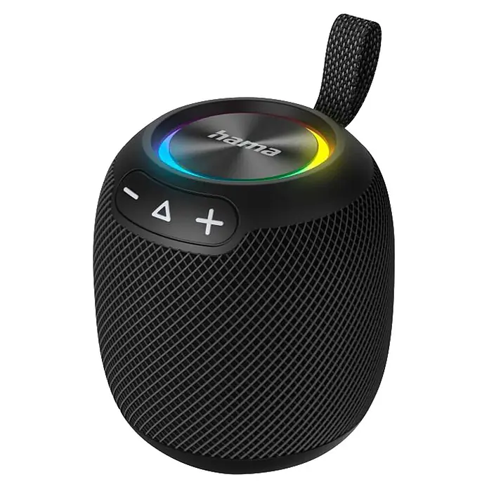 Hama Bluetooth-Lautsprecher 00188234 Bluetooth "Bomb 3.0" wasserdicht IPX7 LED 16 W -  - Schwarzer tragbarer Lautsprecher mit texturiertem Netz, RGB-Lichtring und Bedientasten (-Δ+). Mit Stoffschlaufe.