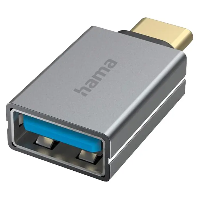 Hama USB-Adapter 00200300 USB-C-Stecker - USB-Buchse USB 3.2 Gen1 5 Gbit/s - Grau - Silberner Hama USB-C auf USB-A Adapter mit blauem USB 3.0 Anschluss und goldenem USB-C Stecker.