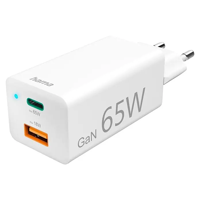 Hama USB-Adapter 00200016 GaN Power Delivery (PD) 5-20V/65W - Weiß - Weißes GaN 65W Wandladegerät mit einem USB-C (max. 65W) und einem USB-A (max. 18W) Anschluss, mit Eurostecker.