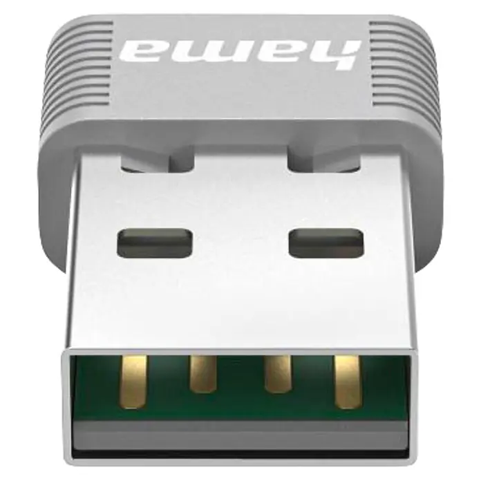 Hama USB-Stick 00053315 AX900 Nano-WLAN-USB-Stick 2.4/5 GHz - Silber - Ein kompakter silber-weißer Hama USB-Adapter mit sichtbarem USB-A-Stecker.