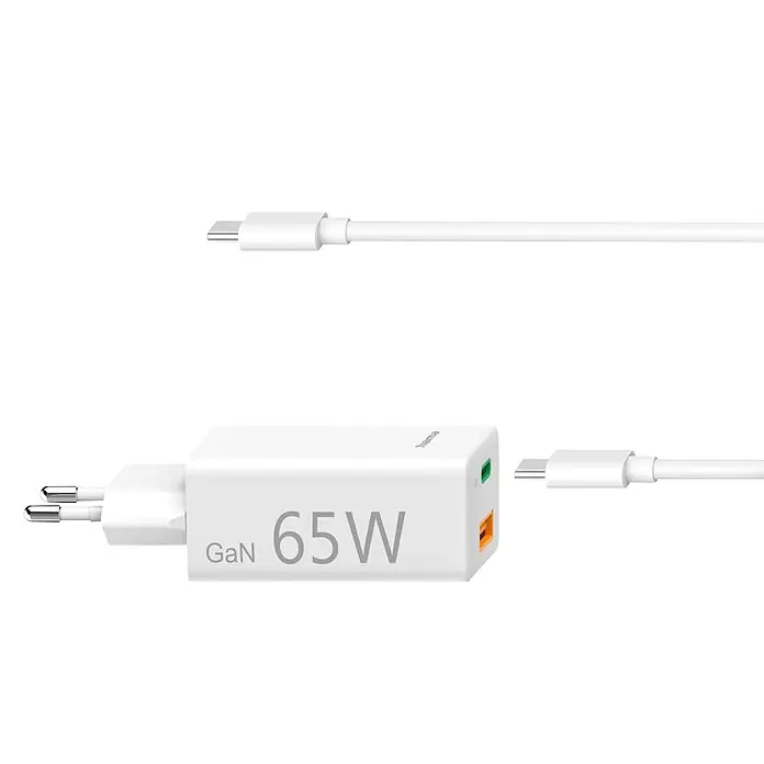 Hama USB-Adapter 00200016 GaN Power Delivery (PD) 5-20V/65W - Weiß - Weißes GaN 65W Ladegerät mit mehreren USB-Anschlüssen, verbunden mit einem weißen USB-C Ladekabel.