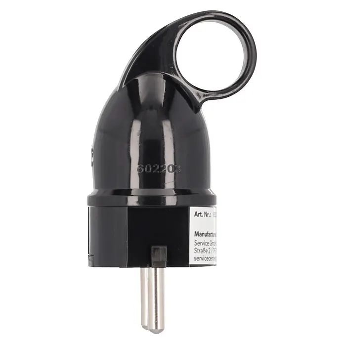 UniTEC Stecker mit Ausziehgriff - Kunststoff, Schwarz - Schwarzer, abgewinkelter Stromstecker mit zwei Metallstiften und integriertem Griffring.