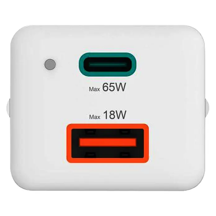 Hama USB-Adapter 00200016 GaN Power Delivery (PD) 5-20V/65W - Weiß - Weißes Dual-Port-Ladegerät mit einem 65W USB-C (Türkis) und einem 18W USB-A (Orange) Port, plus LED-Anzeige.