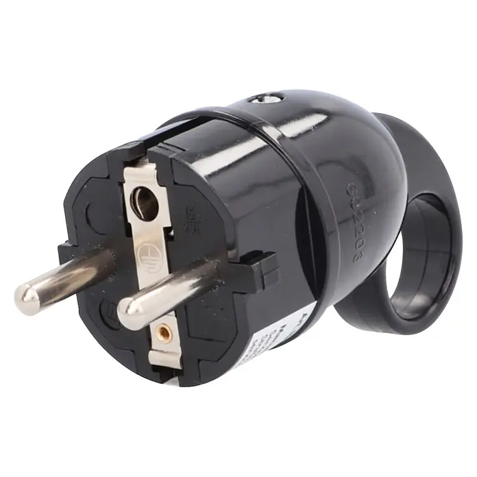 UniTEC Stecker mit Ausziehgriff - Kunststoff, Schwarz - Schwarzer Kunststoff-Stecker (Schuko) mit zwei Stiften und Schutzkontakt.