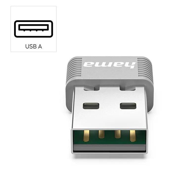 Hama USB-Stick 00053315 AX900 Nano-WLAN-USB-Stick 2.4/5 GHz - Silber - Silberner USB-A-Stecker mit „hama“-Markennamen. Ein Icon daneben kennzeichnet ihn als „USB A“.