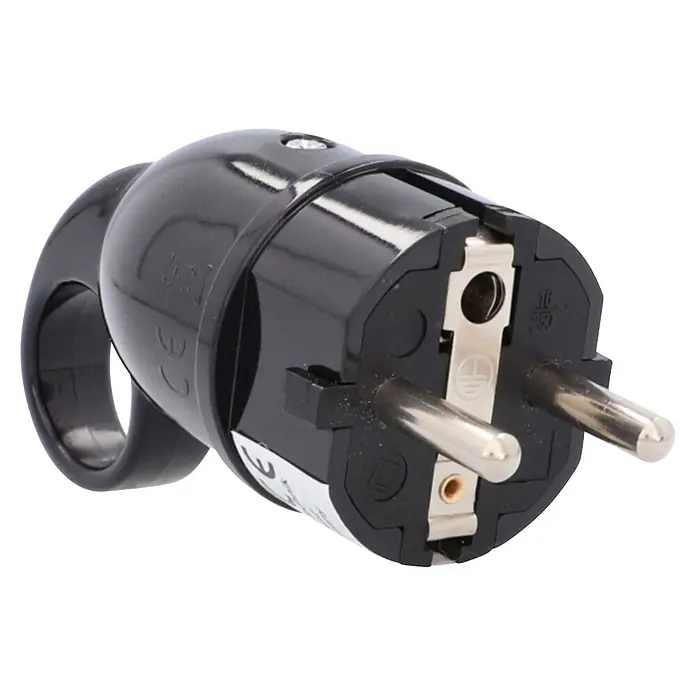 UniTEC Stecker mit Ausziehgriff - Kunststoff, Schwarz - Schwarzer Schuko-Stecker mit Metallstiften und Erdung, 16A 250V.