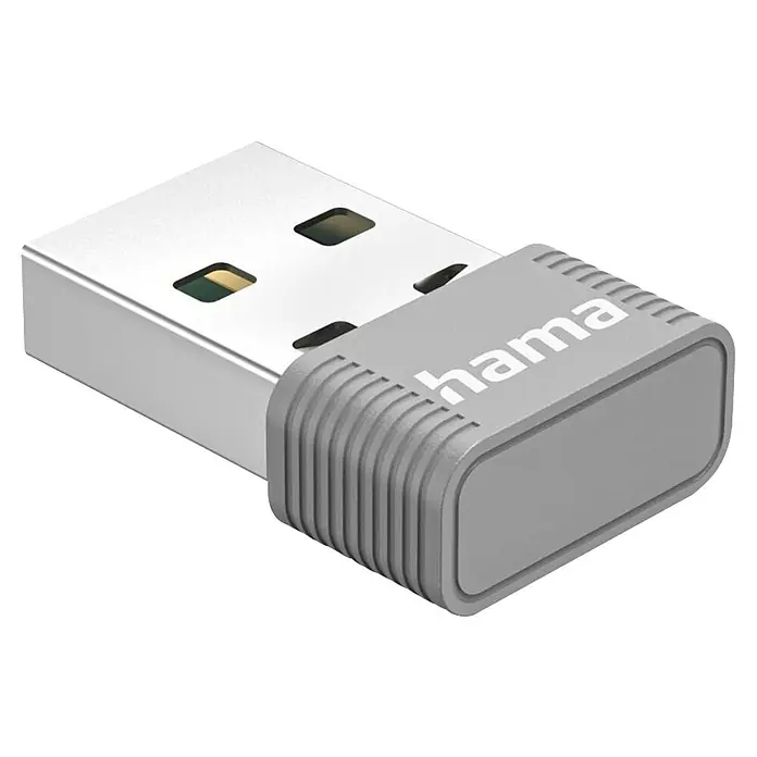 Hama USB-Stick 00053315 AX900 Nano-WLAN-USB-Stick 2.4/5 GHz - Silber - Silberner und grauer USB-A-Dongle-Adapter mit „hama“-Branding.