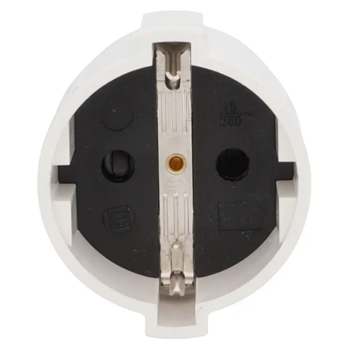 UniTEC Kupplung mit Ausziehgriff - Kunststoff, Weiß - Weiße runde Schuko-Steckdose mit schwarzem Innenleben und Metallkontakten, 16A/250V.