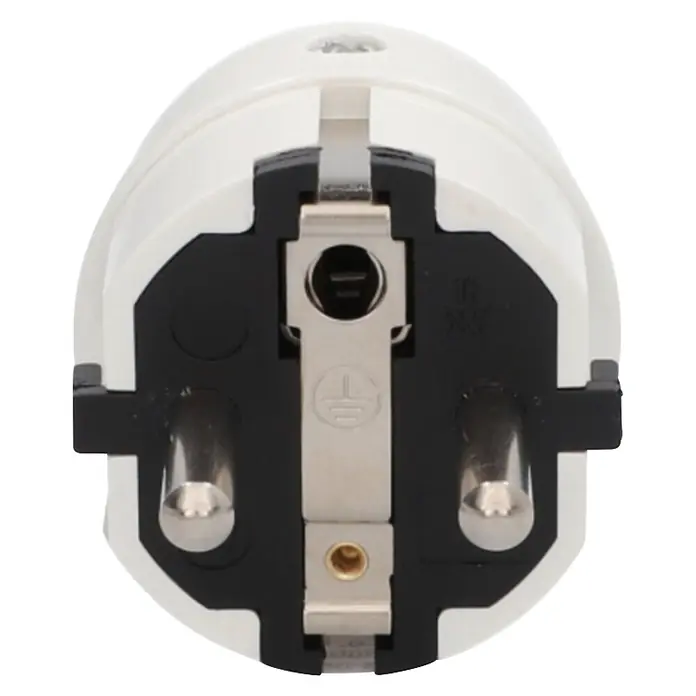 UniTEC Stecker mit Ausziehgriff - Kunststoff, Weiß - Weißer Schuko-Stecker mit schwarzem Innenleben, zwei Rundstiften und zentralem Erdungsbügel.
