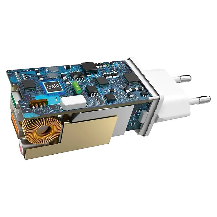 Hama USB-Adapter 00200016 GaN Power Delivery (PD) 5-20V/65W - Weiß - Schnittansicht eines weißen GaN-Ladegeräts, das seine fortschrittliche interne Platine und Komponenten für effiziente Leistung zeigt.