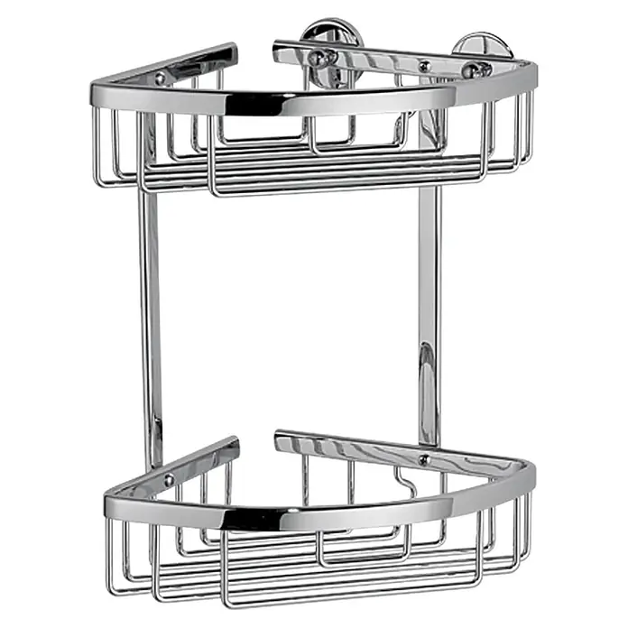 Tesa Eckablagekorb AL210CR - 16,3 x 17 x 26 cm, Glänzend, Chrom - Zwei übereinander angeordnete, glänzende, silberfarbene Eckduschkörbe mit Wandhalterung zur Aufbewahrung von Badartikeln.