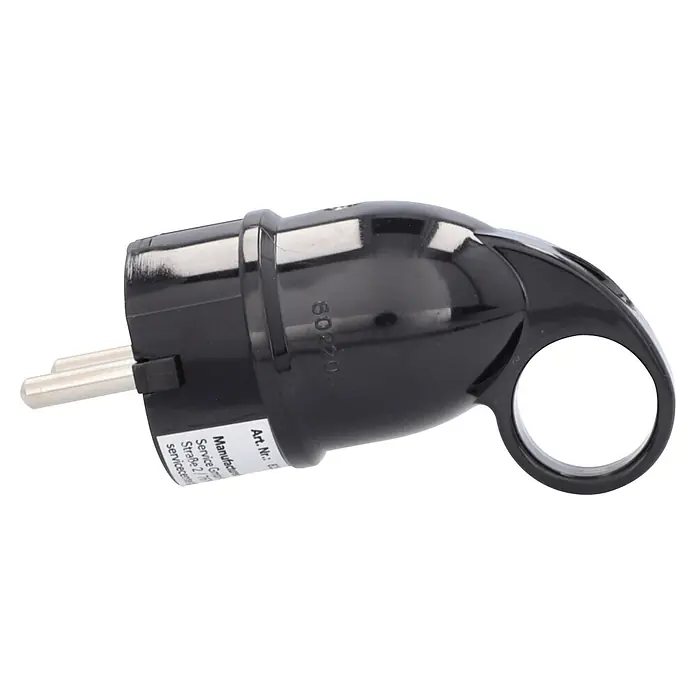 UniTEC Stecker mit Ausziehgriff - Kunststoff, Schwarz - Schwarzer Kunststoff-Schukostecker mit zwei Stiften und ringförmigem Griff.