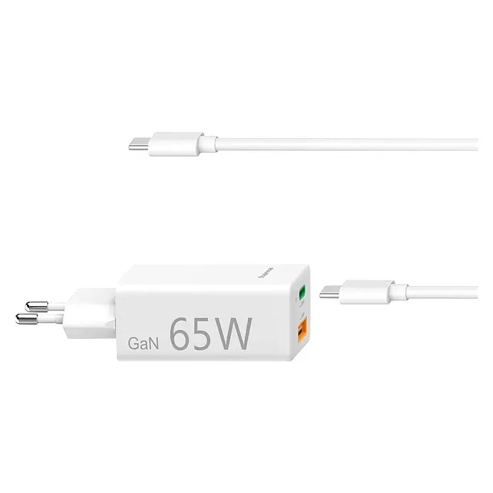 Hama USB-Adapter 00200016 GaN Power Delivery (PD) 5-20V/65W - Weiß - Weißes GaN 65W Wandladegerät mit zwei USB-Anschlüssen und weißem USB-C-Kabel.