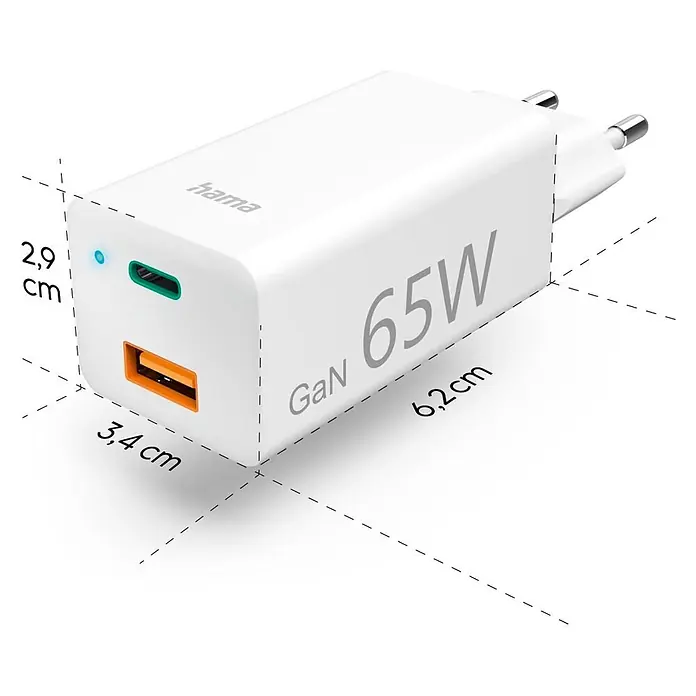 Hama USB-Adapter 00200016 GaN Power Delivery (PD) 5-20V/65W - Weiß - Weißes GaN 65W USB-Ladegerät mit USB-C- und USB-A-Anschlüssen, 2,9x3,4x6,2 cm groß.