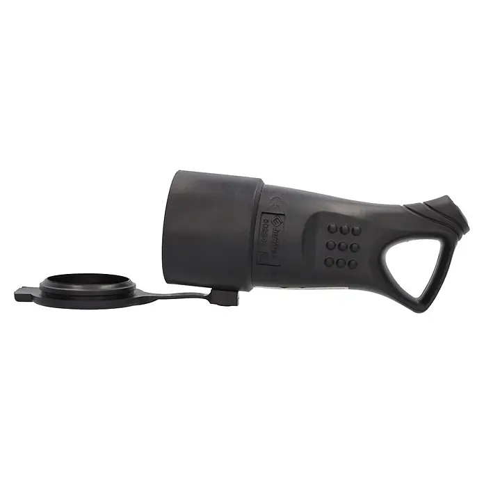 UniTEC Kupplung mit Ausziehgriff IP44 - Kunststoff, Schwarz - Schwarzer Industrie-Stecker mit ergonomischem Griff und offener Schutzkappe. Mit 'Jumitek IP44' Branding.