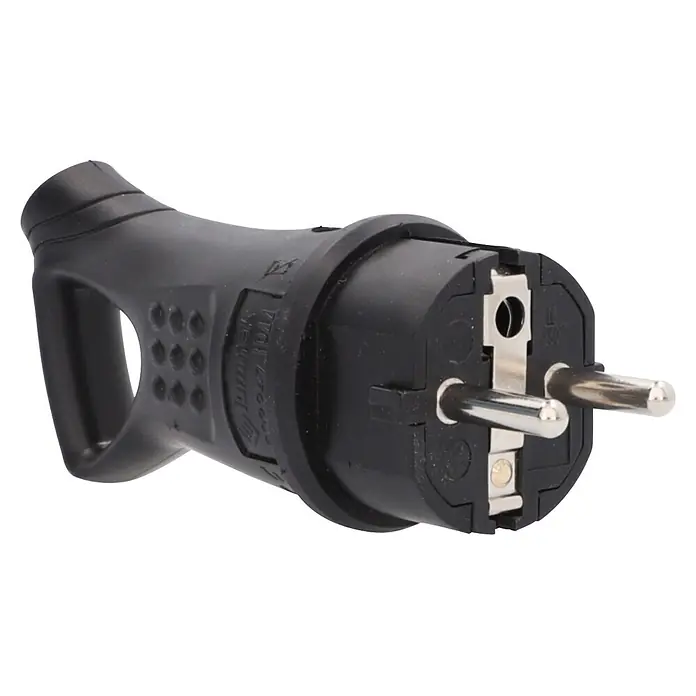 UniTEC Stecker mit Ausziehgriff IP44 - Kunststoff, Schwarz - Schwarzer Schuko-Stecker aus Kunststoff mit zwei silbernen Metallstiften und Griff.