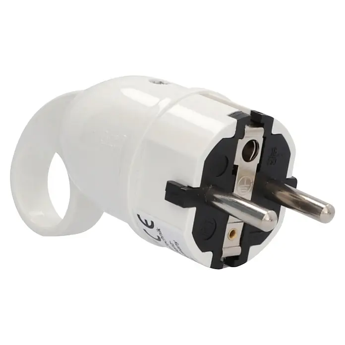UniTEC Stecker mit Ausziehgriff - Kunststoff, Weiß - Weißer Schuko-Netzstecker mit zwei Pins, Erdungskontakten und Zugring.