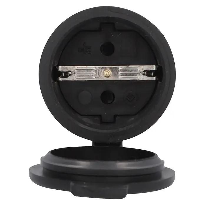 UniTEC Kupplung mit Ausziehgriff IP44 - Kunststoff, Schwarz - Schwarze Kunststoff-Steckdose mit aufklappbarem Schutzdeckel, zeigt interne Kontakte und 250V-Angabe.