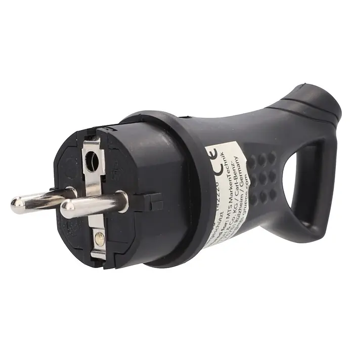 UniTEC Stecker mit Ausziehgriff IP44 - Kunststoff, Schwarz - Schwarzer Schuko-Stecker mit Erdung und stabilem Griff.