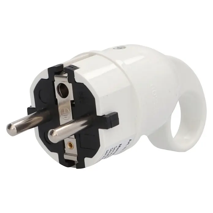 UniTEC Stecker mit Ausziehgriff - Kunststoff, Weiß - Weißer elektrischer Schuko-Stecker mit zwei Metallstiften und Schutzkontaktklemmen aus Kunststoff und Metall.