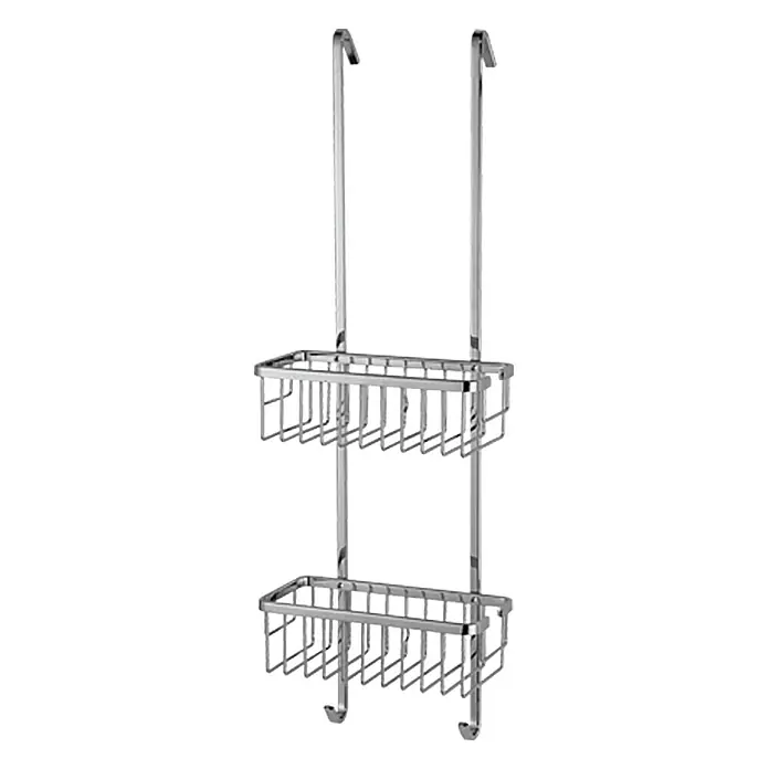 Tesa Cesta de baño AL233P - 25 x 16,3 x 75 cm, Aluminio, Cromo - Estante de ducha cromado con dos cestas y ganchos para la cabina de ducha, ideal para guardar accesorios de baño.