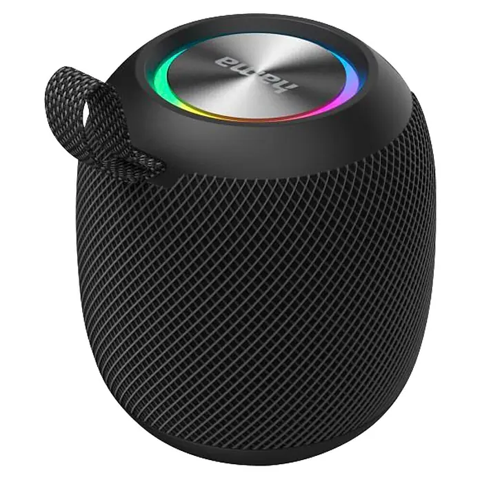 Hama Bluetooth-Lautsprecher 00188234 Bluetooth "Bomb 3.0" wasserdicht IPX7 LED 16 W -  - Schwarzer tragbarer Lautsprecher mit Mesh-Textur, Metalloberseite mit Regenbogen-LED-Ring und Trageschlaufe.