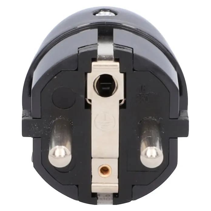 UniTEC Stecker mit Ausziehgriff - Kunststoff, Schwarz - Schwarzer CEE 7/7 Schutzkontaktstecker mit zwei runden Stiften und seitlichen Erdungskontakten, frontal.