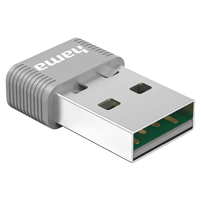 Hama USB-Stick 00053315 AX900 Nano-WLAN-USB-Stick 2.4/5 GHz - Silber - Kompakter grauer Hama USB-Adapter mit silbernem USB-A-Anschluss, der goldene Kontakte auf grüner Platine zeigt.