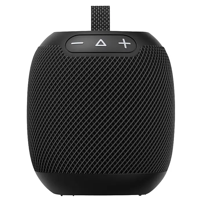 Hama Bluetooth-Lautsprecher 00188234 Bluetooth "Bomb 3.0" wasserdicht IPX7 LED 16 W -  - Schwarzer tragbarer Lautsprecher mit texturierter Gitteroberfläche, obenliegenden Steuerknöpfen und einer Stoffschlaufe.
