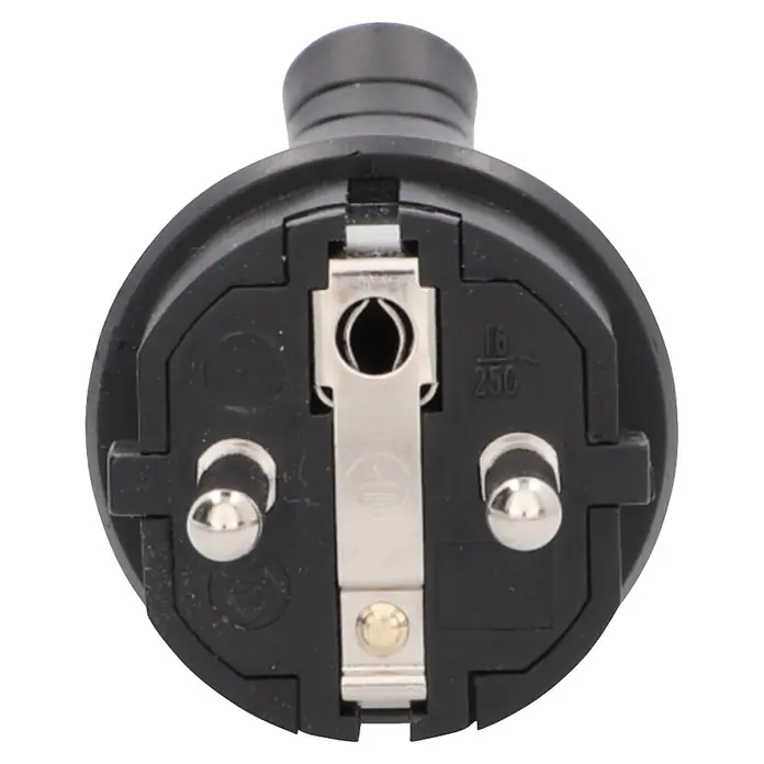 UniTEC Stecker mit Ausziehgriff IP44 - Kunststoff, Schwarz - Schwarzer Schuko-Stecker mit zwei runden Stiften und Schutzkontakten, 16A/250V.