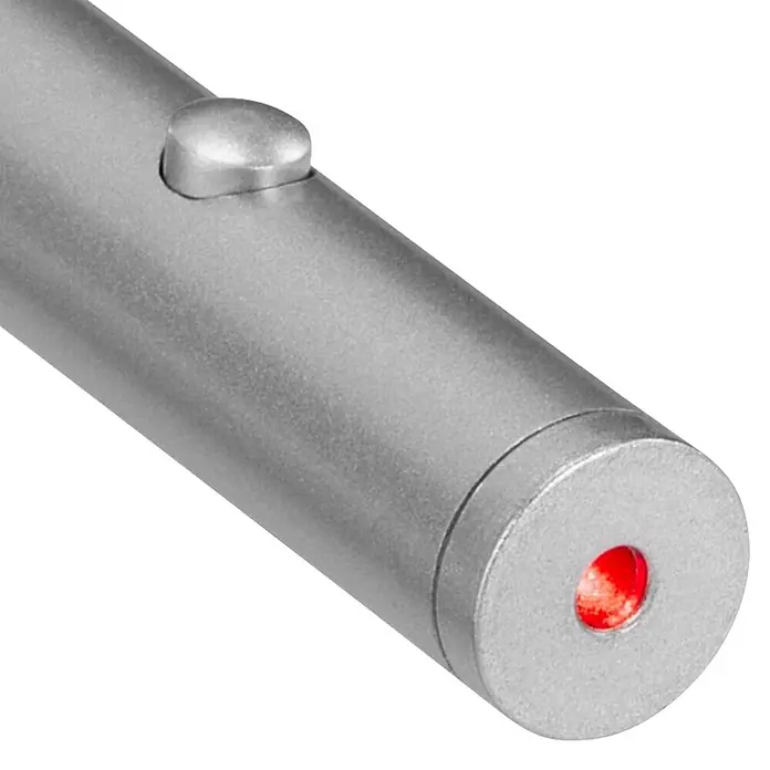Hama Fernbedienung 00003502 "LP-LC1" Rot - Silber - Silberner Metall-Laserpointer mit seitlichem Knopf und rotem Laserpunkt an der Spitze.