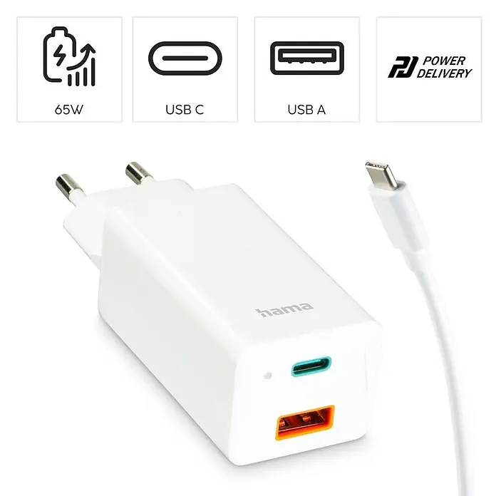 Hama USB-Adapter 00200016 GaN Power Delivery (PD) 5-20V/65W - Weiß - Weißes Hama 65W Wandladegerät mit blaugrünem USB-C- und orangem USB-A-Anschluss, unterstützt Power Delivery. Inkl. weißem USB-C-Kabel.