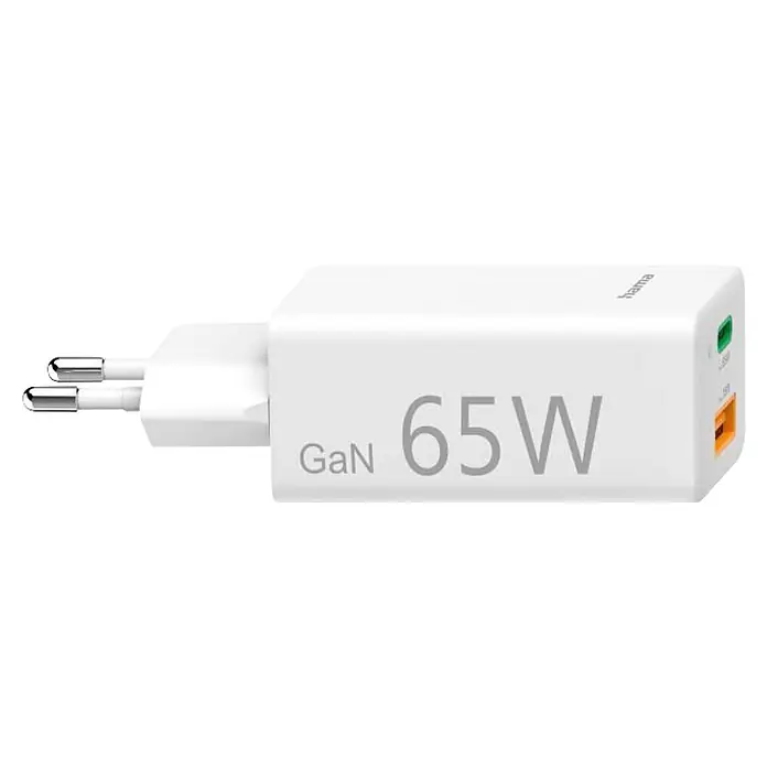 Hama USB-Adapter 00200016 GaN Power Delivery (PD) 5-20V/65W - Weiß - Weißes GaN 65W Ladegerät mit Eurostecker, mit grünem USB-C und gelbem USB-A Anschluss.