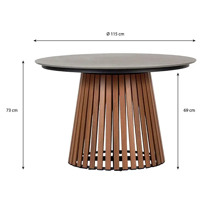 Ebuy24 Gartentisch rund Max - Ø x H: 115 x 73 cm, Metall Compofit, Teak Dekor, Stapelbar - Runder Esstisch für den Außenbereich mit grauer Platte und Latten-Podestfuß aus Holz.