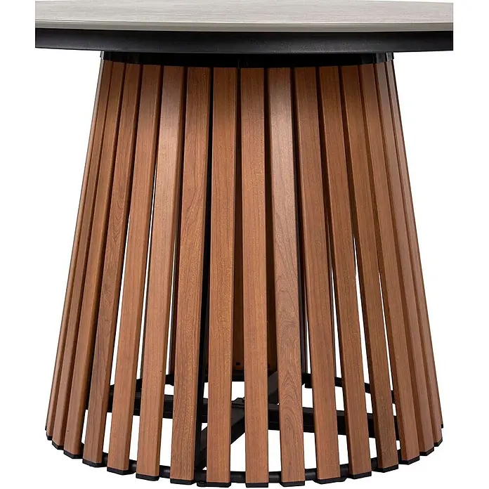Ebuy24 Gartentisch rund Max - Ø x H: 115 x 73 cm, Metall Compofit, Teak Dekor, Stapelbar - Tischfuß mit vertikalen Holzlatten und dunklem Metallrahmen, der eine hellgraue Tischplatte trägt.