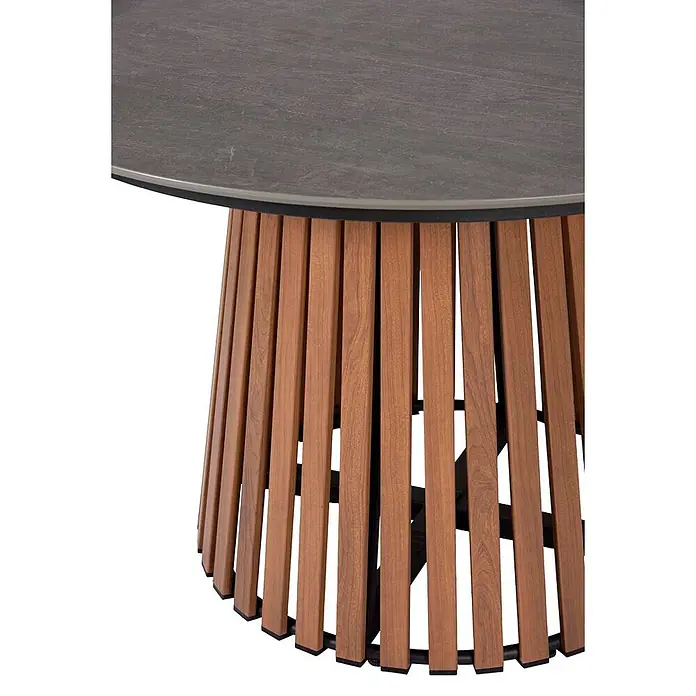 Ebuy24 Gartentisch rund Max - Ø x H: 115 x 73 cm, Metall Compofit, Teak Dekor, Stapelbar - Runder Tisch mit dunkelgrauer Tischplatte und einem Fuß aus Naturholzlatten über einem schwarzen Metallrahmen.