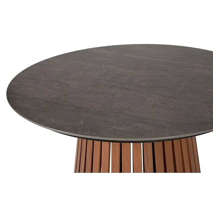 Ebuy24 Gartentisch rund Max - Ø x H: 115 x 73 cm, Metall Compofit, Teak Dekor, Stapelbar - Runder Tisch mit dunkelgrauer Steinoptik-Platte und einem Fuß aus vertikalen Holzlatten.