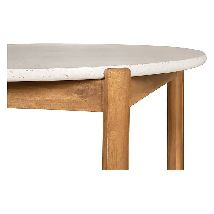 Ebuy24 Gartentisch rund Terracina - Ø x H: 120 x 76 cm, Akazie, Terrazzo, Natur, Stapelbar - Runder Tisch mit heller, gesprenkelter Platte und Naturholzbeinen.