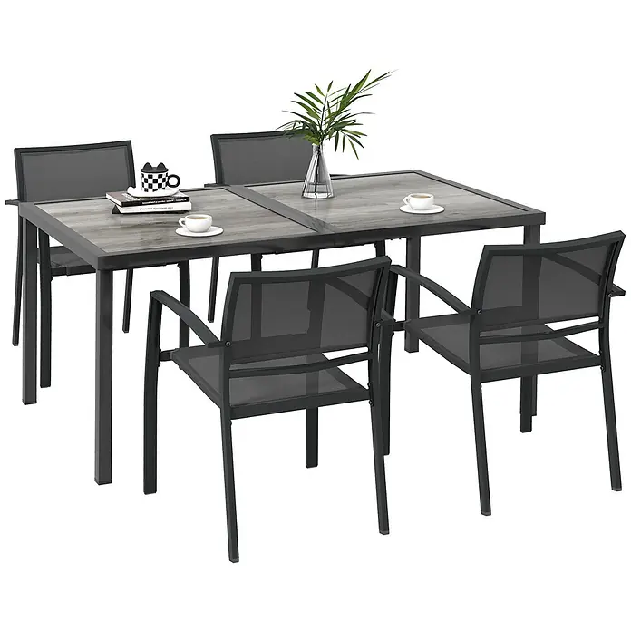 Outsunny Gartentisch-Set - Gesamtumfang: 5 -tlg., Stahl, Mesh, SPCC-Kunststoff - Rechteckige Terrassen-Essgruppe mit grauem Holz-Look-Tisch und vier schwarzen Netzstühlen.