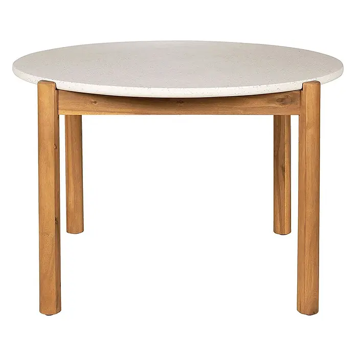 Ebuy24 Gartentisch rund Terracina - Ø x H: 120 x 76 cm, Akazie, Terrazzo, Natur, Stapelbar - Runder Tisch mit hellgrauer, gesprenkelter Platte und Beinen aus Naturholz.
