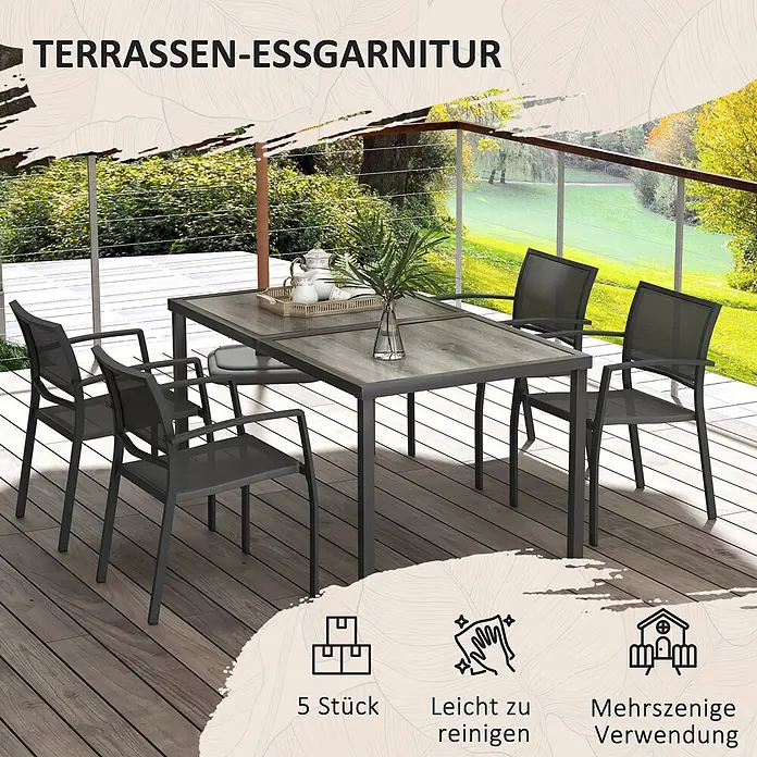 Outsunny Gartentisch-Set - Gesamtumfang: 5 -tlg., Stahl, Mesh, SPCC-Kunststoff - Terrassen-Essgarnitur mit grauem Tisch in Holzoptik und vier dunkelgrauen Netzstühlen auf einer Holzterrasse.