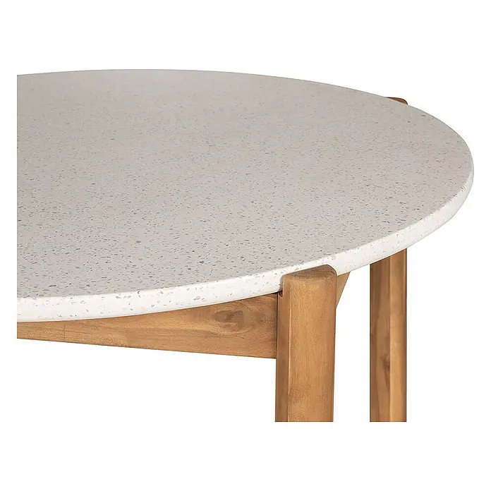 Ebuy24 Gartentisch rund Terracina - Ø x H: 120 x 76 cm, Akazie, Terrazzo, Natur, Stapelbar - Runder Tisch mit weißer Sprenkelplatte und Naturholzbeinen.