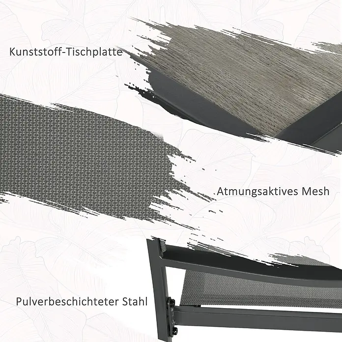 Outsunny Gartentisch-Set - Gesamtumfang: 5 -tlg., Stahl, Mesh, SPCC-Kunststoff - Detailaufnahme einer grauen Kunststoff-Tischplatte mit Holzoptik, atmungsaktivem Mesh und pulverbeschichtetem Stahlrahmen.