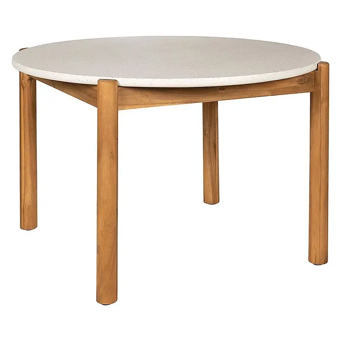 Ebuy24 Gartentisch rund Terracina - Ø x H: 120 x 76 cm, Akazie, Terrazzo, Natur, Stapelbar - Runder Tisch mit heller, gesprenkelter Platte und Beinen aus Naturholz.