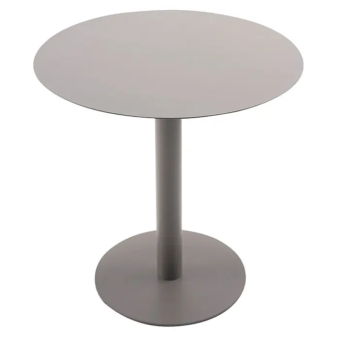 Ebuy24 Gartentisch rund Hector - Ø x H: 70 x 72 cm, Metall, Grau, Stapelbar - Runder grauer Tisch mit kreisförmiger Platte und einem runden Säulenfuß.