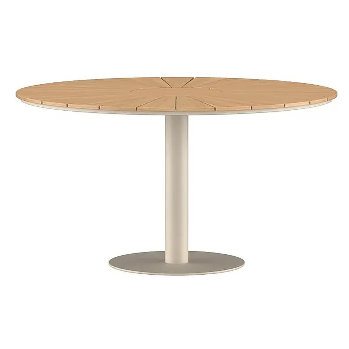 Ebuy24 Gartentisch rund Croft - Ø x H: 120 x 75 cm, Aluminium, Beige, Stapelbar - Runder Tisch mit heller radialer Holzlamellenplatte, cremefarbenem Zylindersockel und grauem Rundfuß.